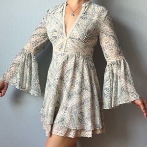Free People Cream and Blue Long Sleeve Dress